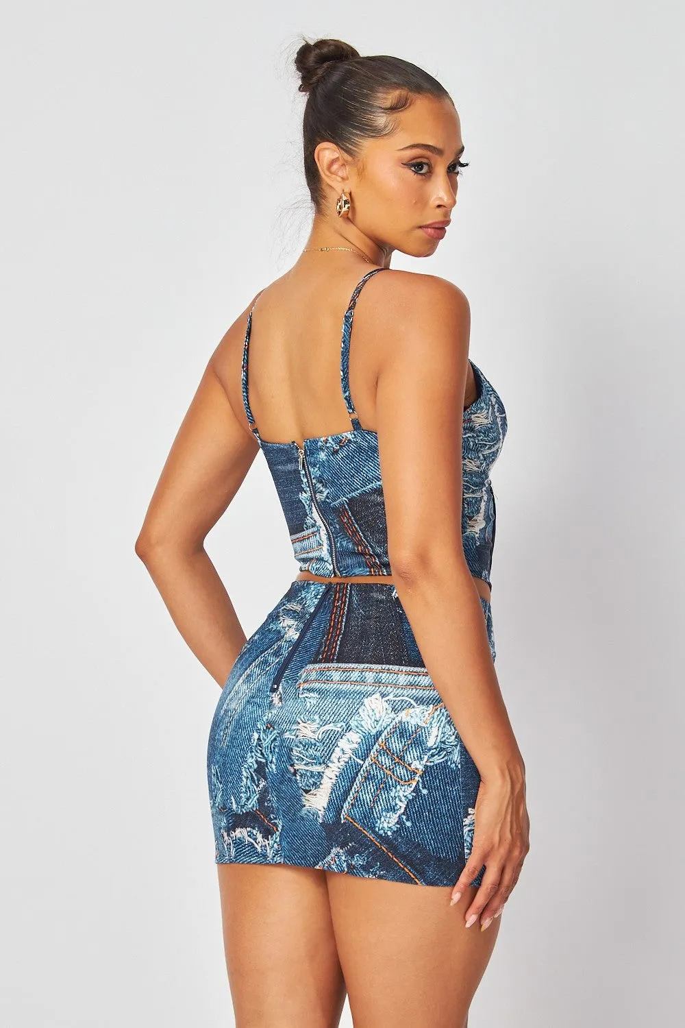 Denim Print Strappy Corset And skirt Set (C16)