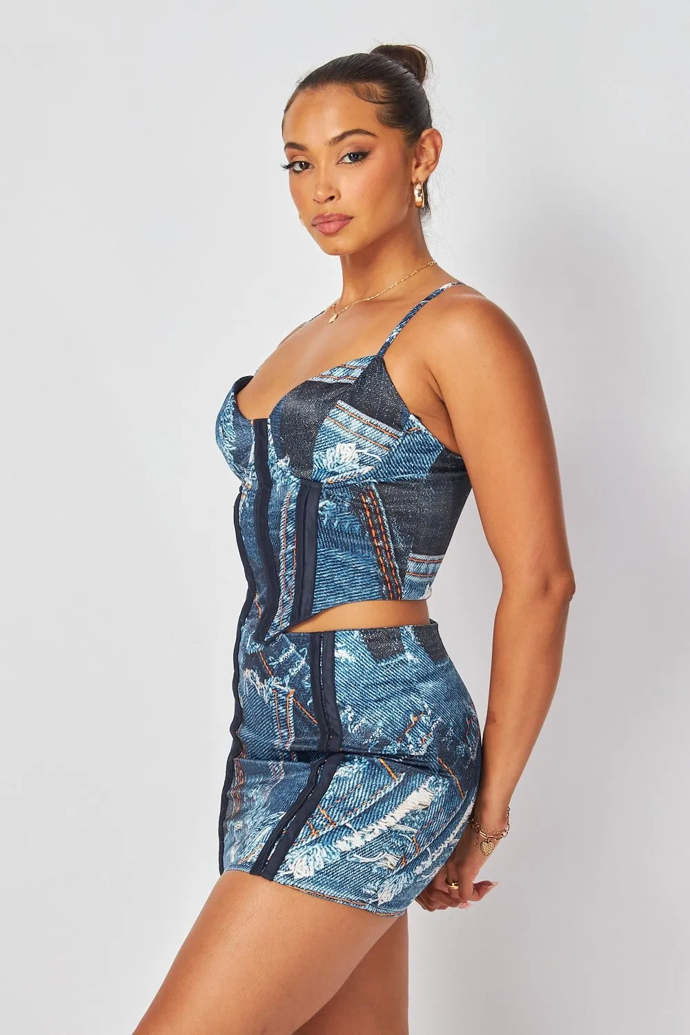 Denim Print Strappy Corset And skirt Set (C16)