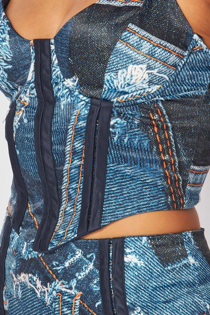 Denim Print Strappy Corset And skirt Set (C16)