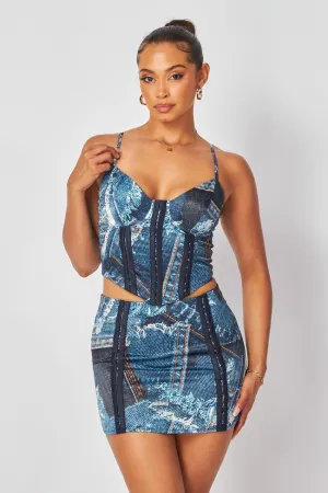 Denim Print Strappy Corset And skirt Set (C16)