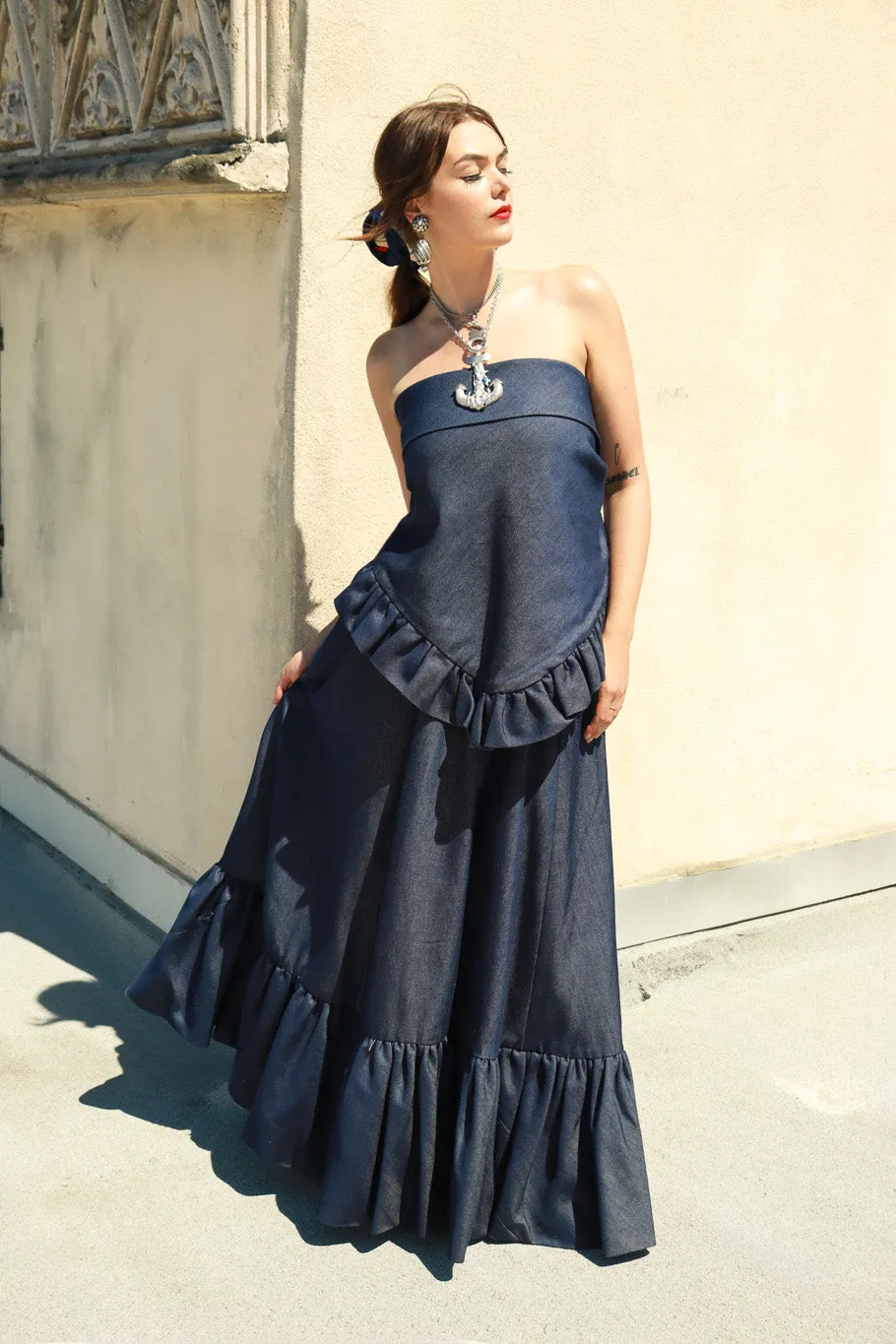 Denim Shawl & Skirt Set