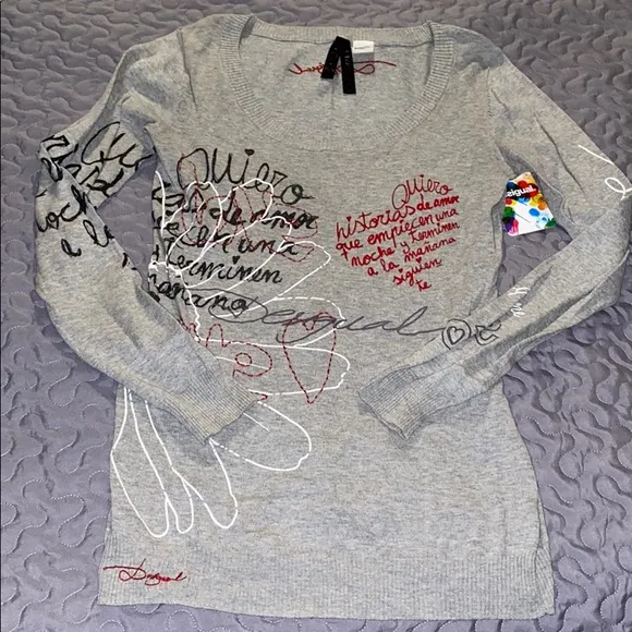 Desigual Jersey Heather Gray Print Sweater Top