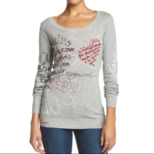 Desigual Jersey Heather Gray Print Sweater Top