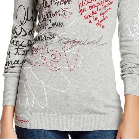 Desigual Jersey Heather Gray Print Sweater Top