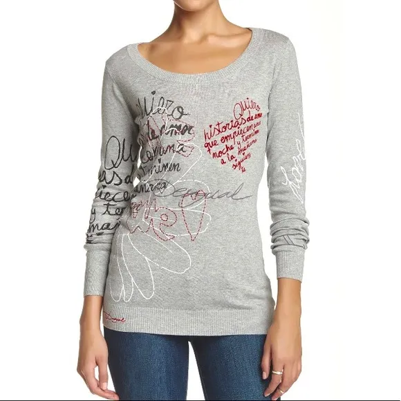 Desigual Jersey Heather Gray Print Sweater Top