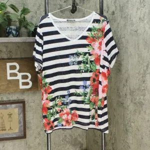 DG2 by Diane Gilman Burnout Printed And Embellished Top Navy Stripe 2X