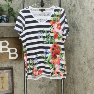 DG2 by Diane Gilman Burnout Printed And Embellished Top Navy Stripe Large