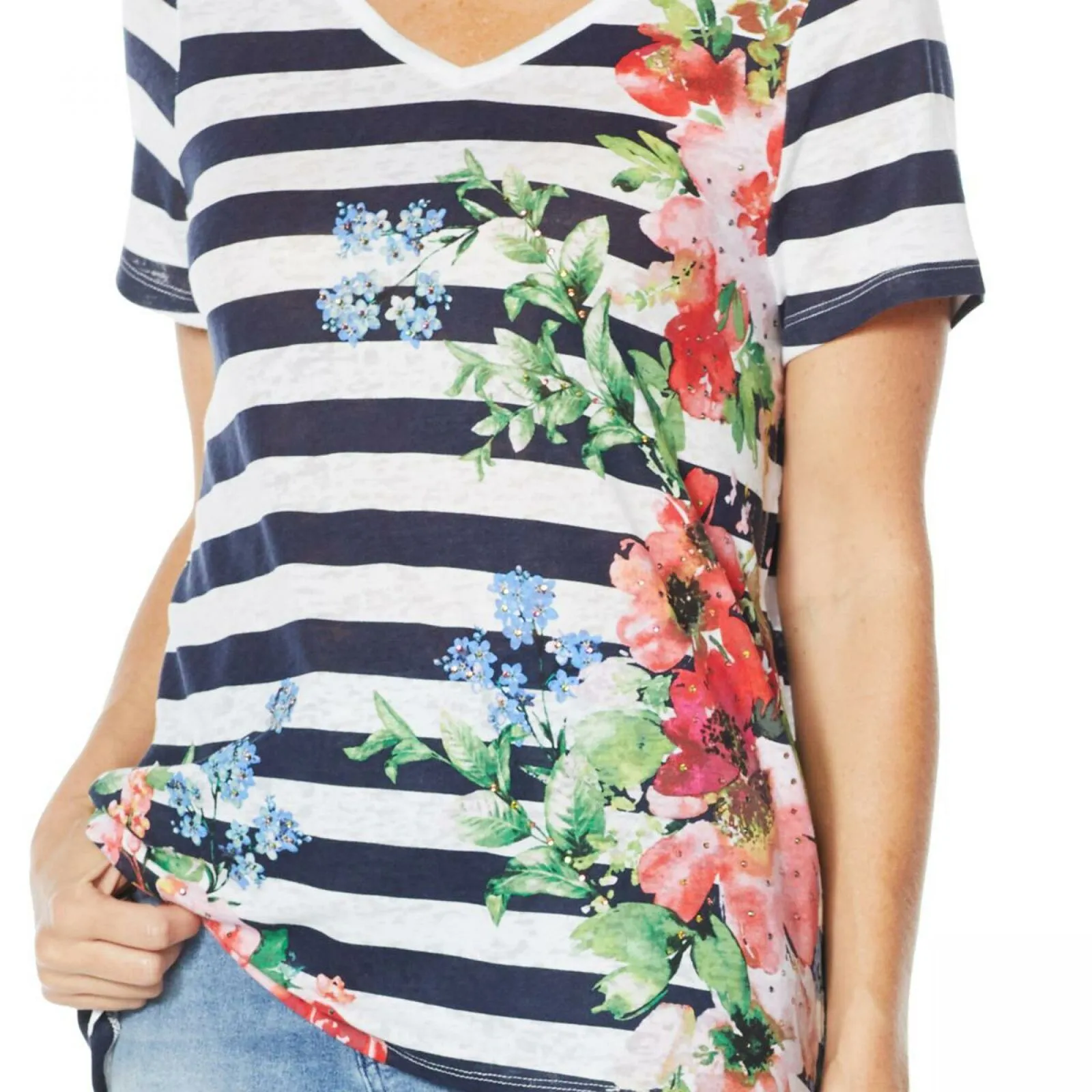 DG2 by Diane Gilman Burnout Printed And Embellished Top Navy Stripe Large