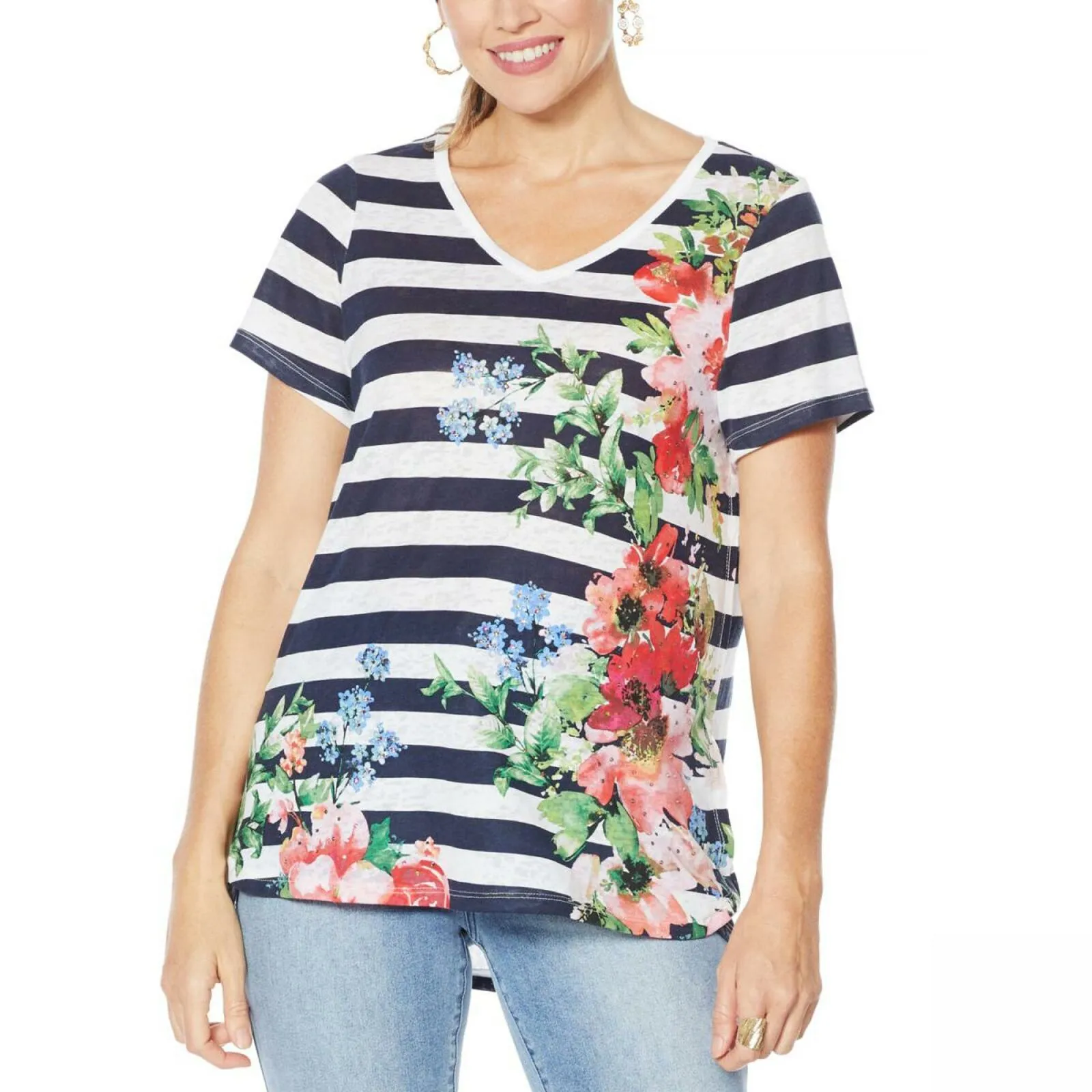 DG2 by Diane Gilman Burnout Printed And Embellished Top Navy Stripe Large