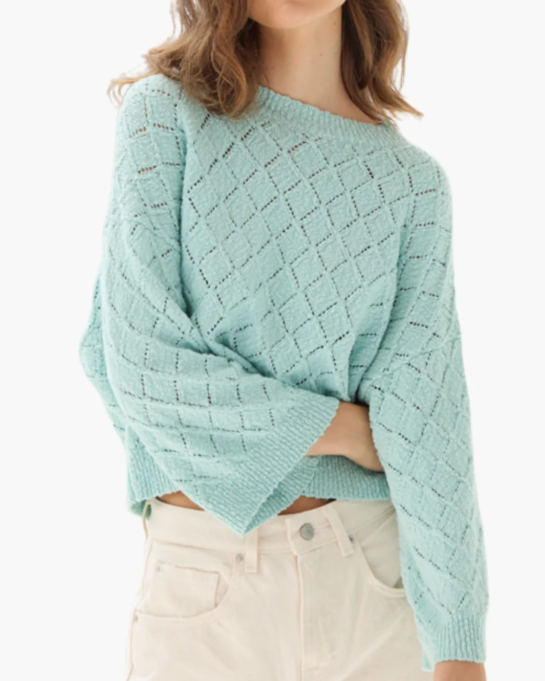 DIAMOND STITCH BOXY BRACELET SLEEVE CREW IN AQUA