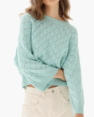 DIAMOND STITCH BOXY BRACELET SLEEVE CREW IN AQUA