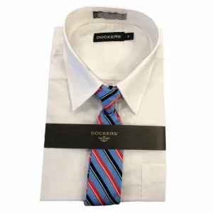 Dockers Boy's White Long Sleeves Shirt with Red & Blue Striped Tie (Size 16)