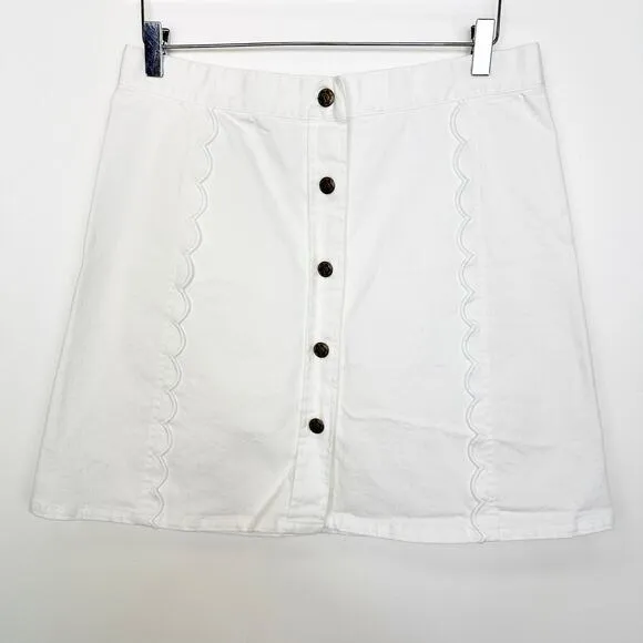 Draper James White Scallop Button Front Denim Skirt 12