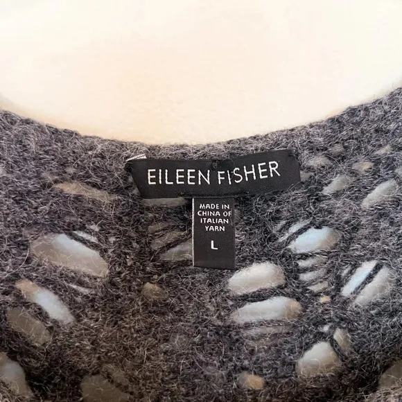 Eileen Fisher Wool Mohair Blend Gray Scoop Neck Crochet Knit Pullover Sweater L