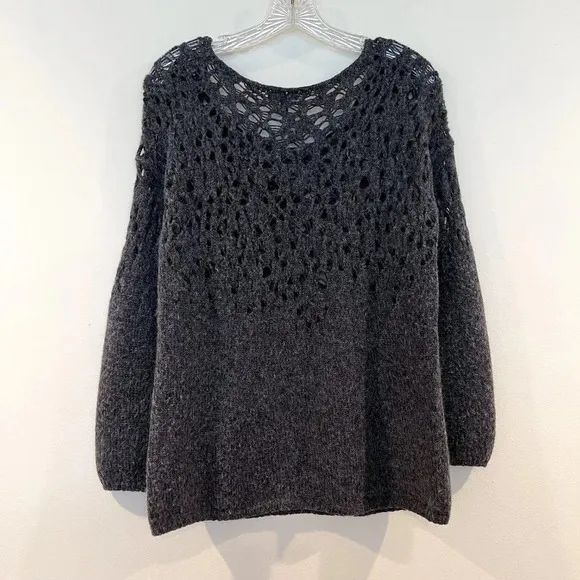 Eileen Fisher Wool Mohair Blend Gray Scoop Neck Crochet Knit Pullover Sweater L