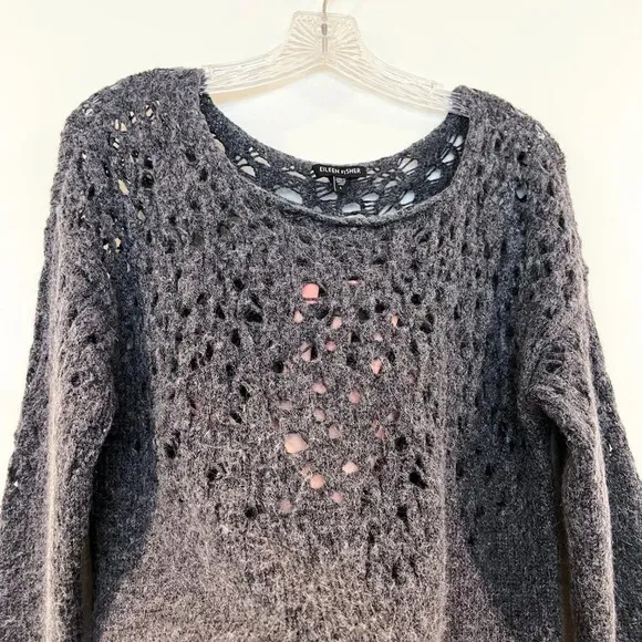 Eileen Fisher Wool Mohair Blend Gray Scoop Neck Crochet Knit Pullover Sweater L