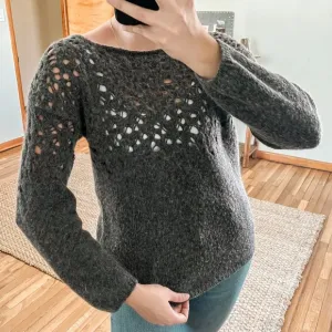 Eileen Fisher Wool Mohair Blend Gray Scoop Neck Crochet Knit Pullover Sweater L