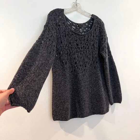 Eileen Fisher Wool Mohair Blend Gray Scoop Neck Crochet Knit Pullover Sweater L