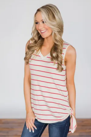 Falling in Love Again Tie Tank Top- White & Grapefruit