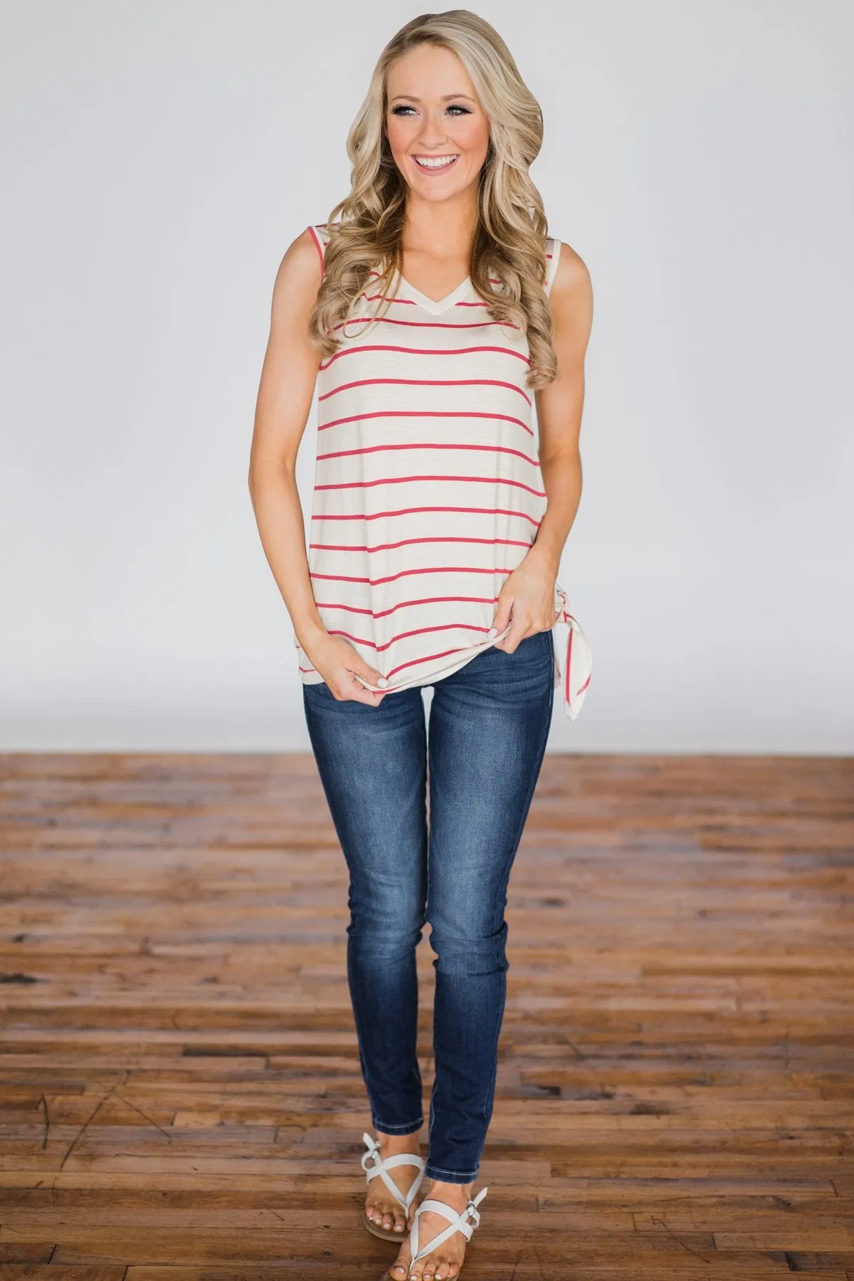 Falling in Love Again Tie Tank Top- White & Grapefruit