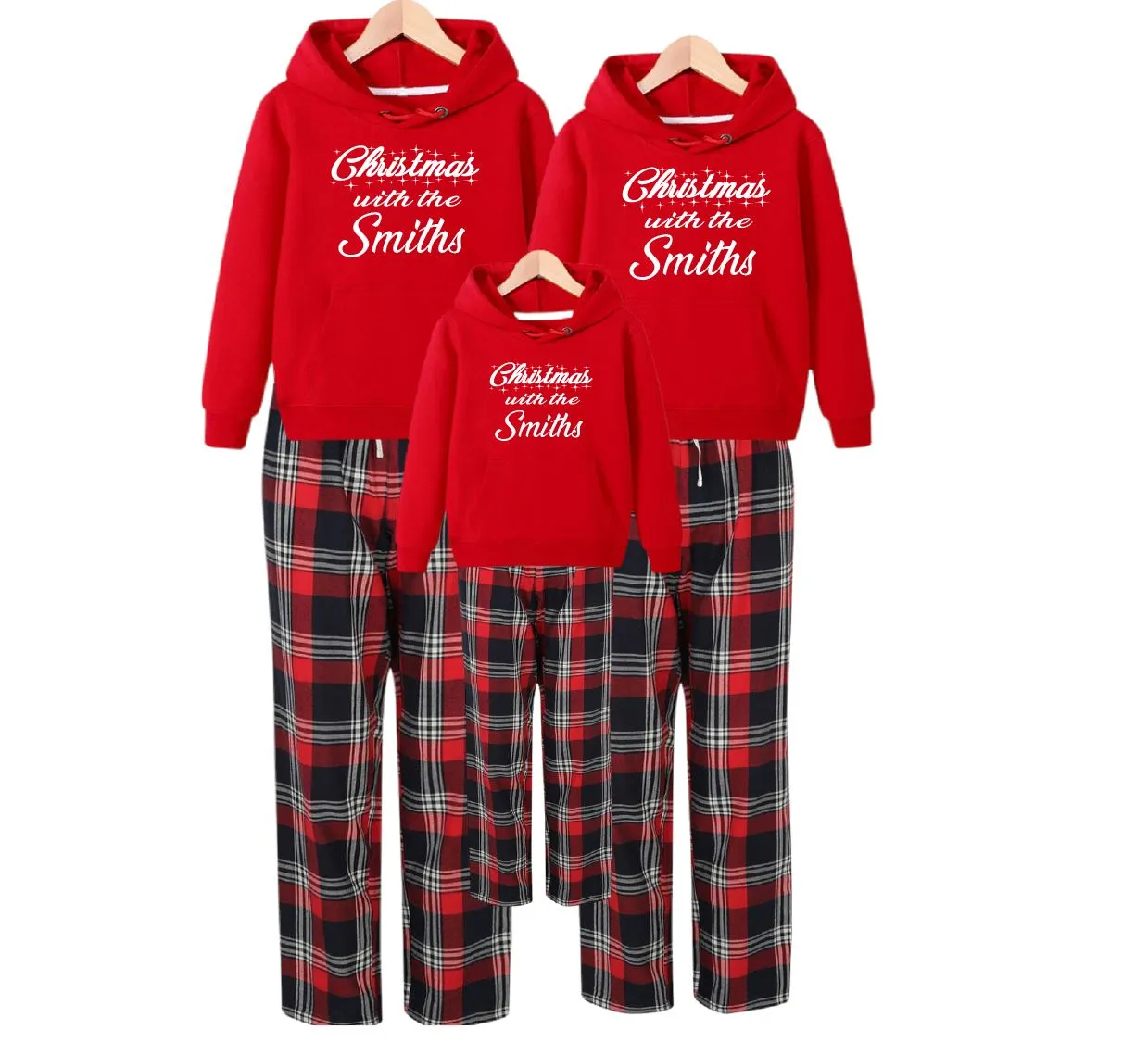 Family Matching Christmas Personalised Tartan Pyjamas & Red Hoodie Set