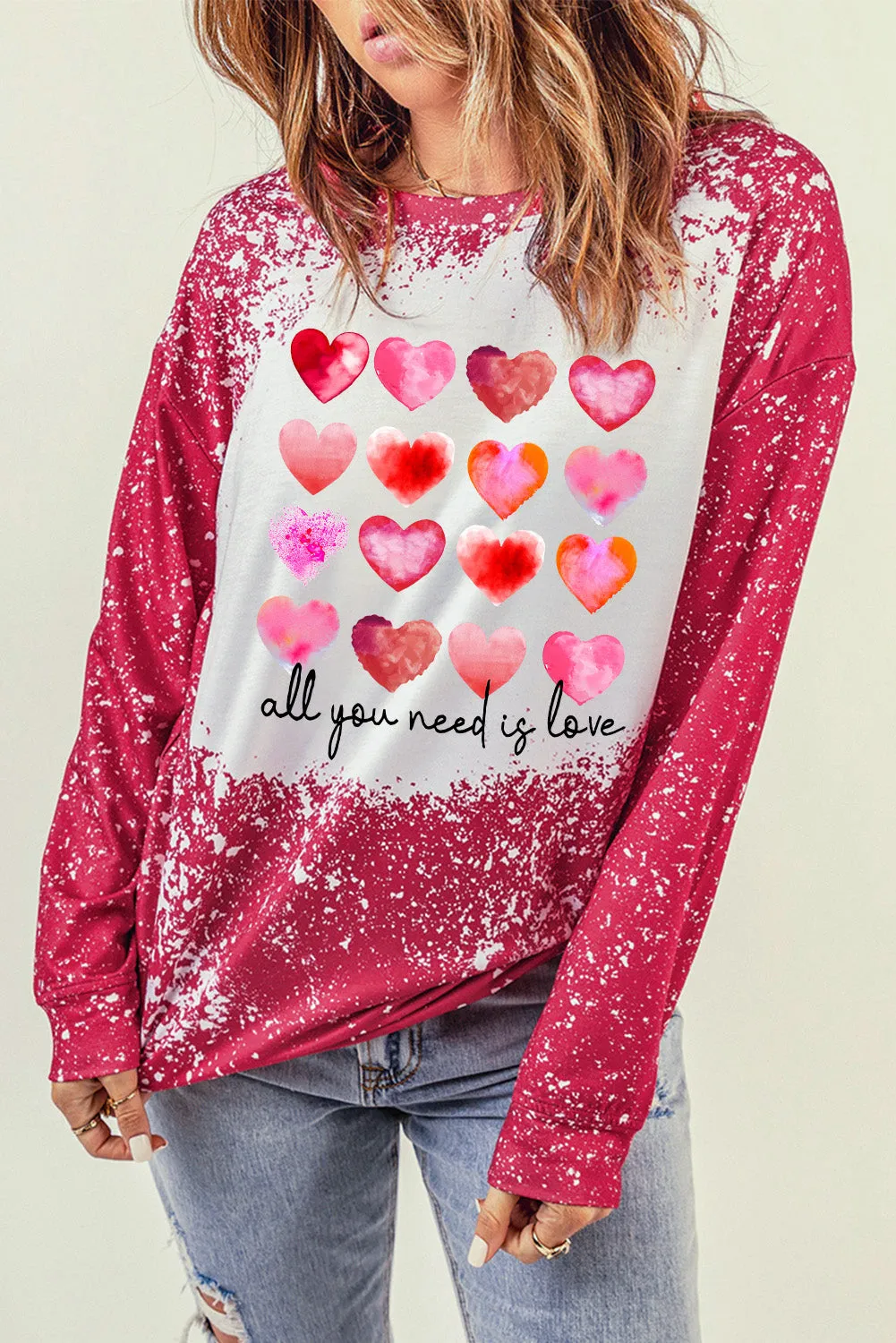 Fiery Red Heart Shaped Letter Graphic Print Pullover Sweatshirt