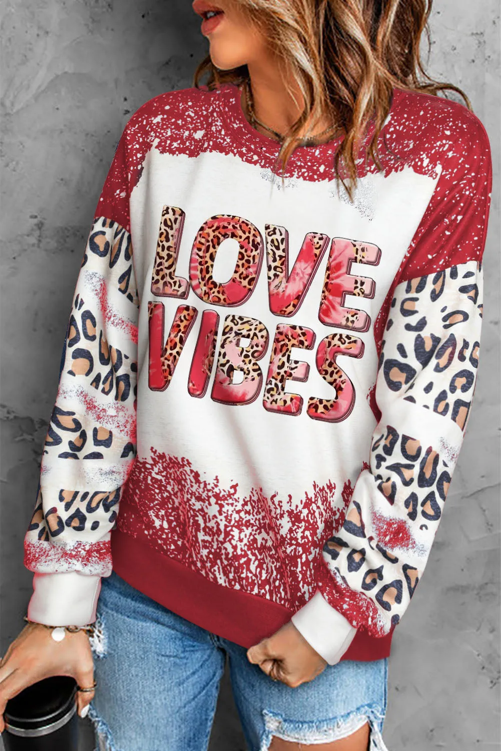 Fiery Red Leopard Bleached LOVE VIBES Valentines Sweatshirt