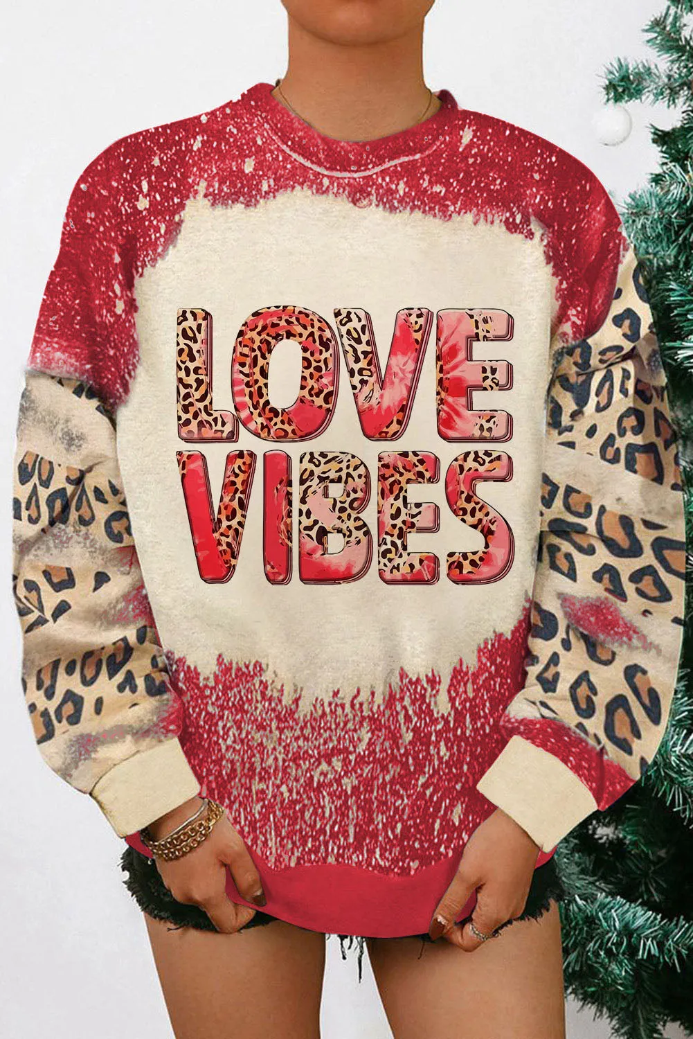 Fiery Red Leopard Bleached LOVE VIBES Valentines Sweatshirt