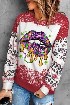 Fiery Red Mardi Gras Lip Shaped Leopard Bleached Sweatshirt