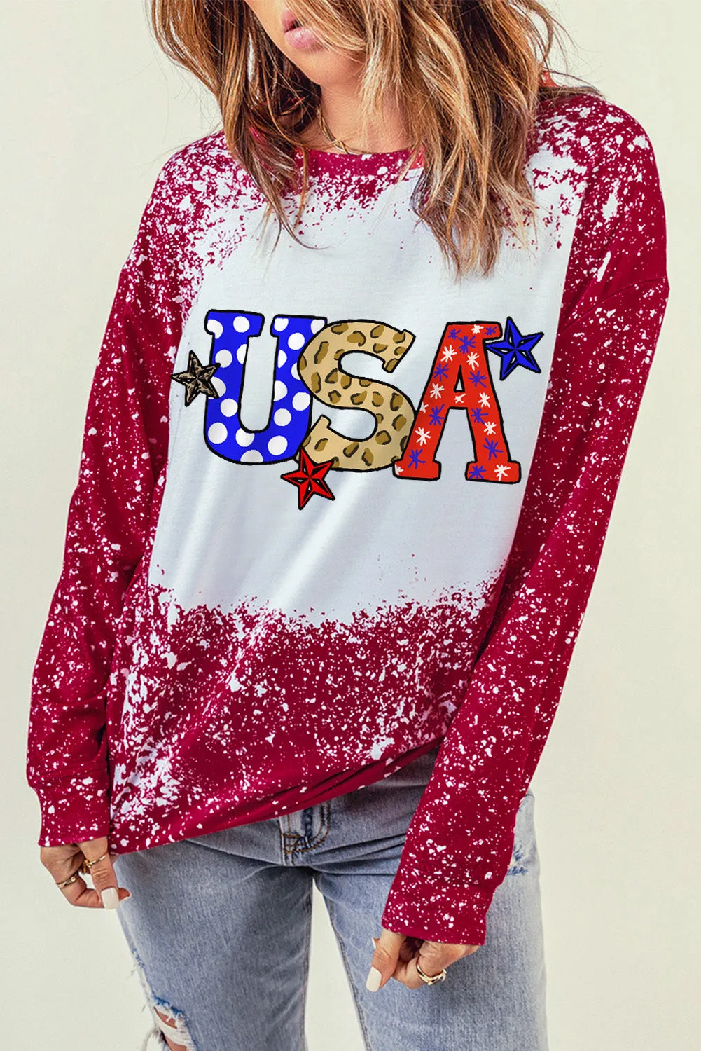 Fiery Red USA Graphic Print Tie Dye Long Sleeve Sweatshirt