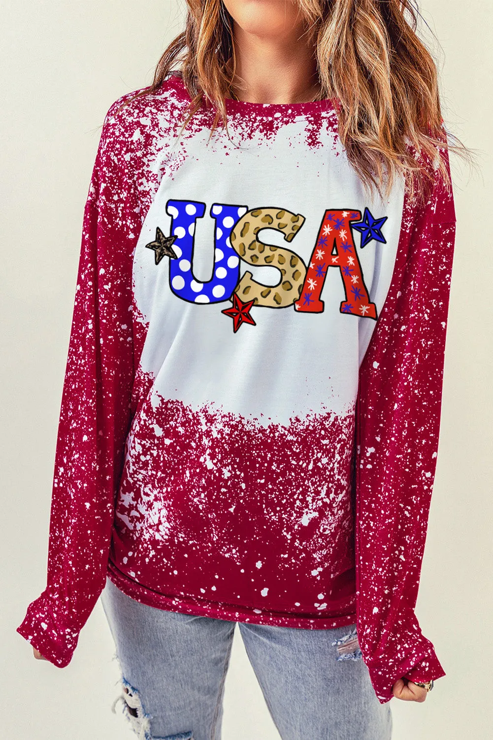 Fiery Red USA Graphic Print Tie Dye Long Sleeve Sweatshirt