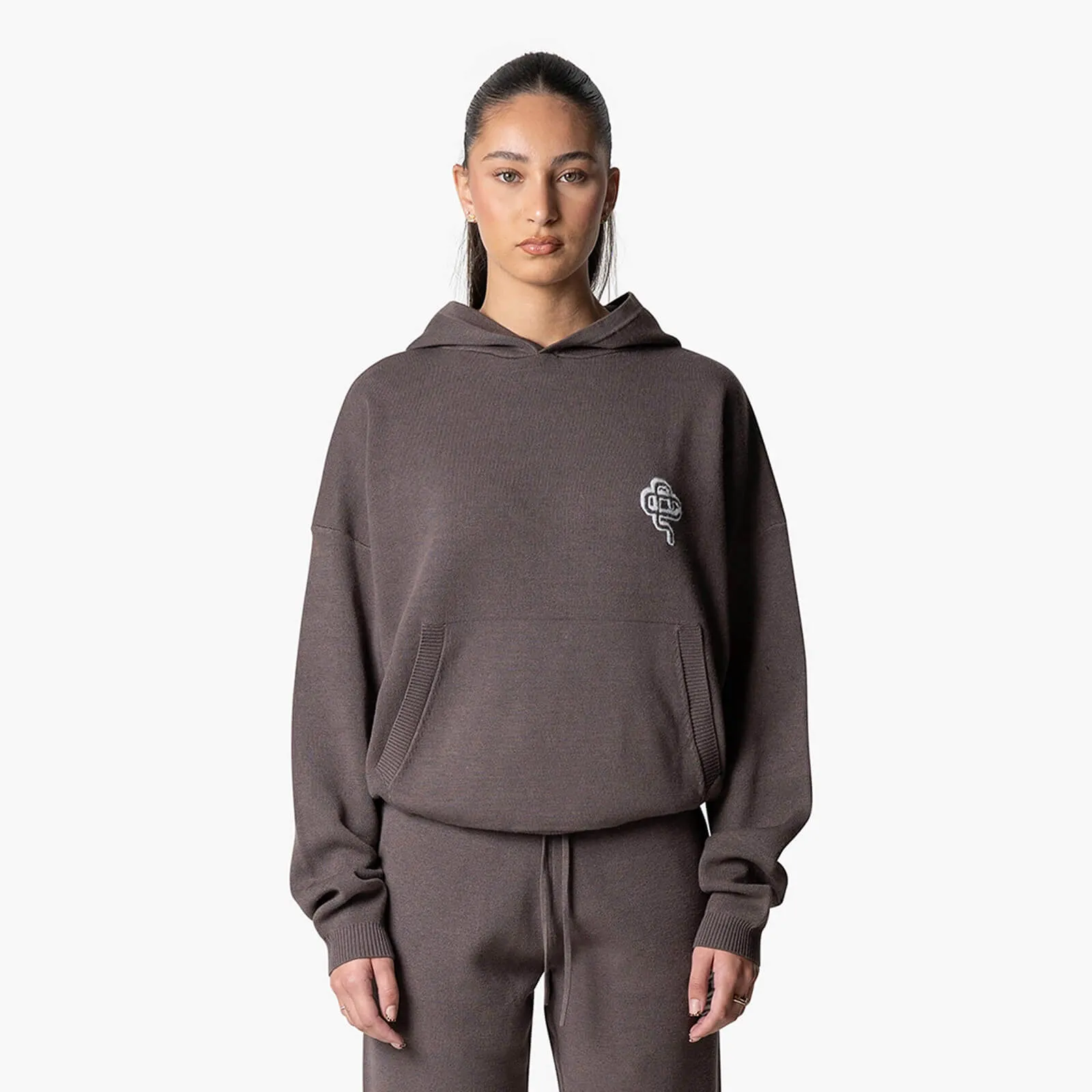 FLO KNITTED HOODIE | COOL BROWN/OFF WHITE