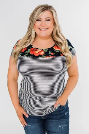 Floral Fever Short Sleeve Stripe and Floral Top - Navy