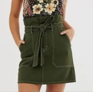 Free People Army Green Contrast Denim Tie Skirt NWT