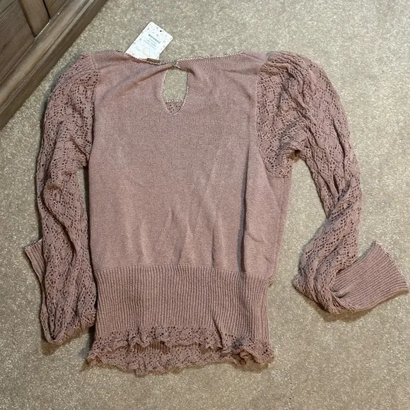 FREE PEOPLE Crystallized Mauve Pink Lace Cut Out Long Sleeve Boat Neck Top Small