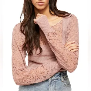 FREE PEOPLE Crystallized Mauve Pink Lace Cut Out Long Sleeve Boat Neck Top Small