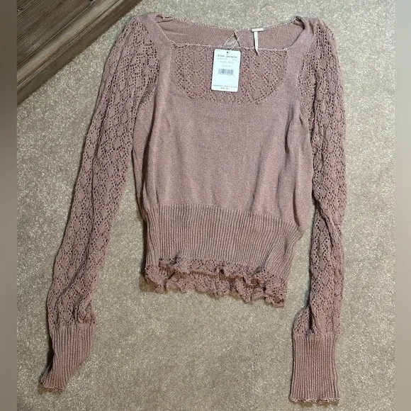 FREE PEOPLE Crystallized Mauve Pink Lace Cut Out Long Sleeve Boat Neck Top Small