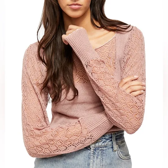 FREE PEOPLE Crystallized Mauve Pink Lace Cut Out Long Sleeve Boat Neck Top Small