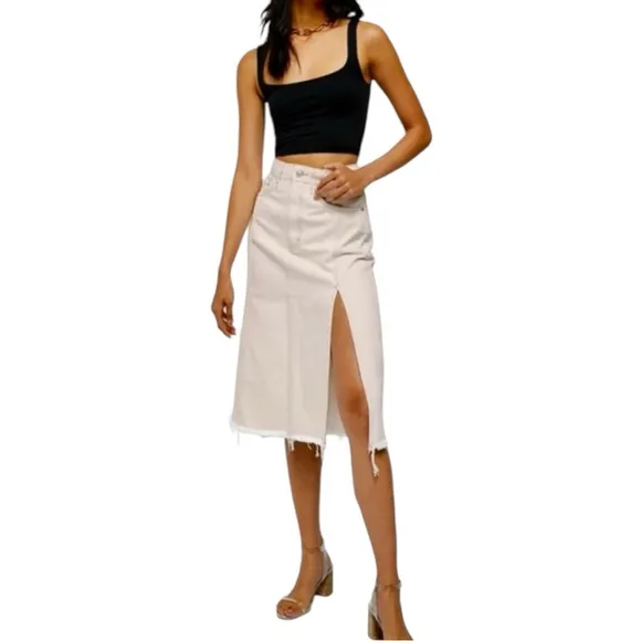 Free People Mambo Denim Midi Skirt In White Wash size 25 Waist NWT 100% Cotton