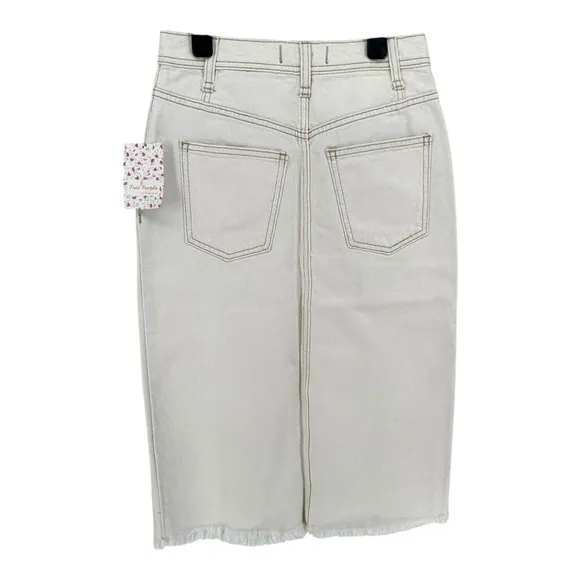 Free People Mambo Denim Midi Skirt In White Wash size 25 Waist NWT 100% Cotton
