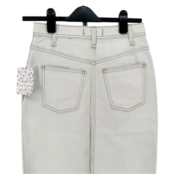 Free People Mambo Denim Midi Skirt In White Wash size 25 Waist NWT 100% Cotton