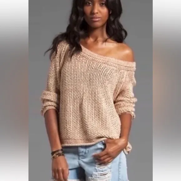 Free People Sahara Star Open Knit Sweater Womens Clay/Tan Marled Slouchy Large