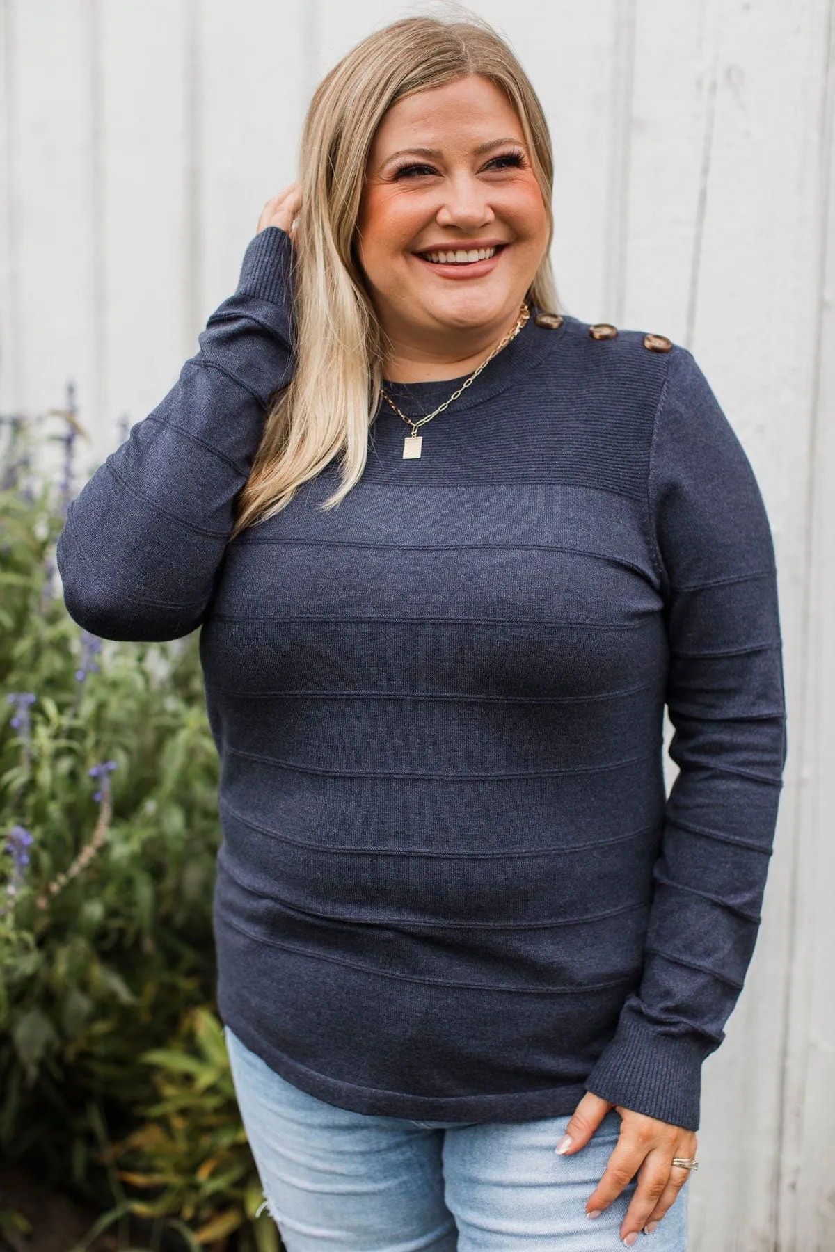 From The Heart Button Knit Sweater- Navy
