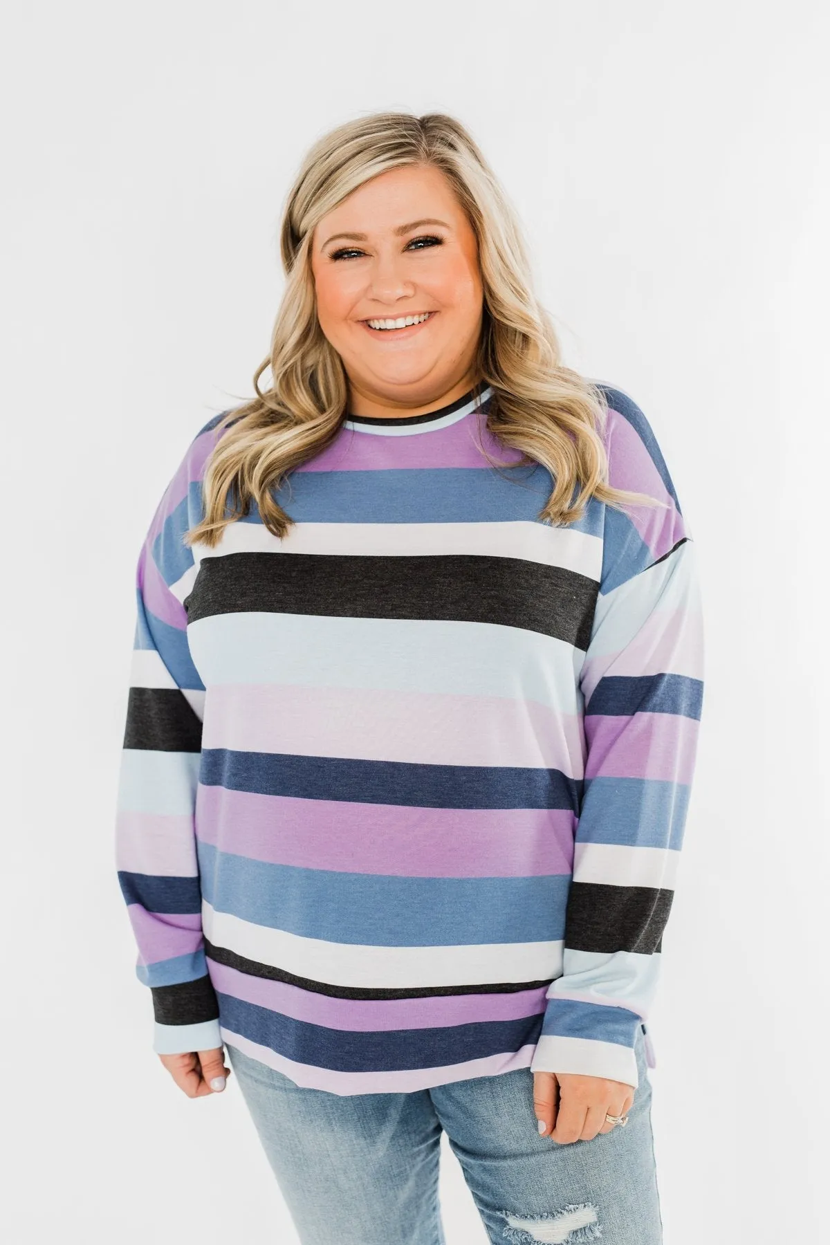 Frosted Mornings Striped Pullover Top- Blue & Purple