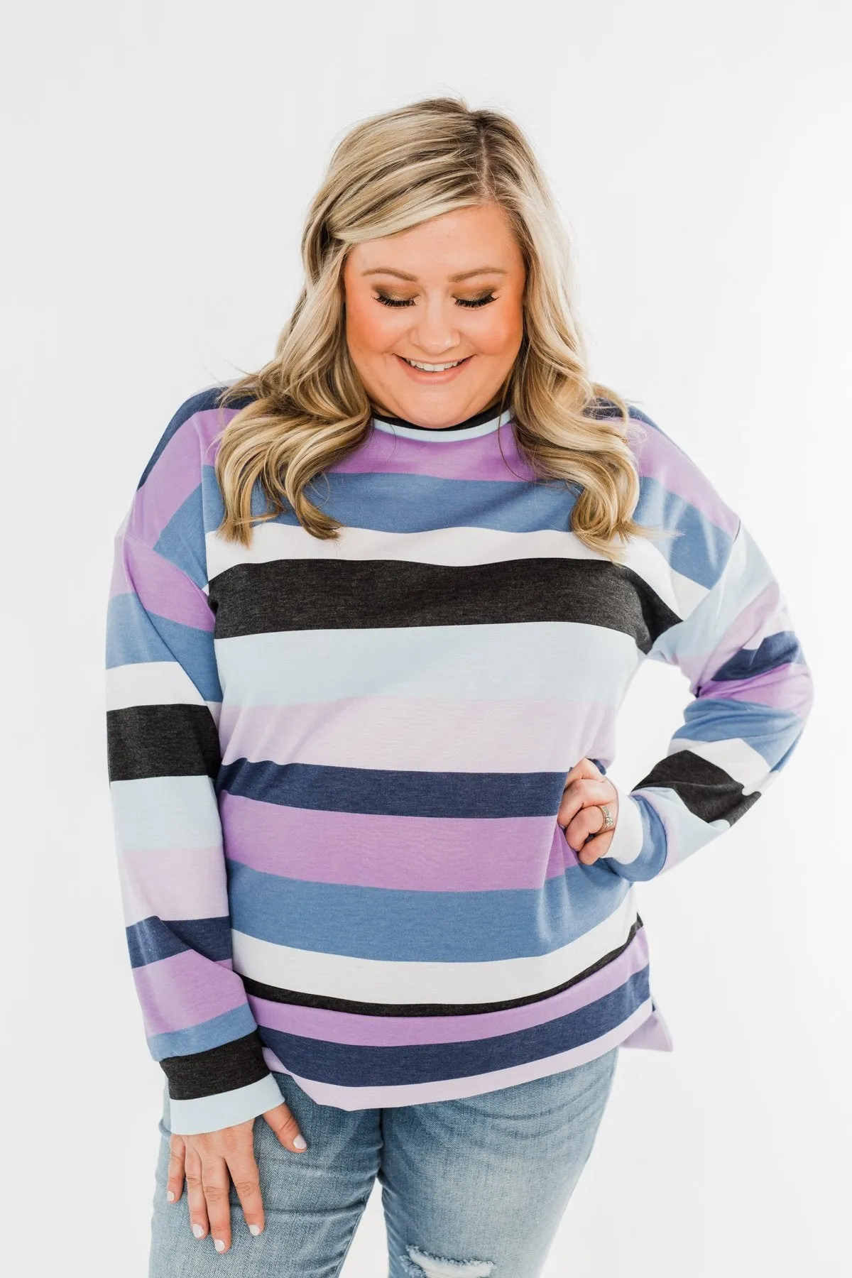 Frosted Mornings Striped Pullover Top- Blue & Purple