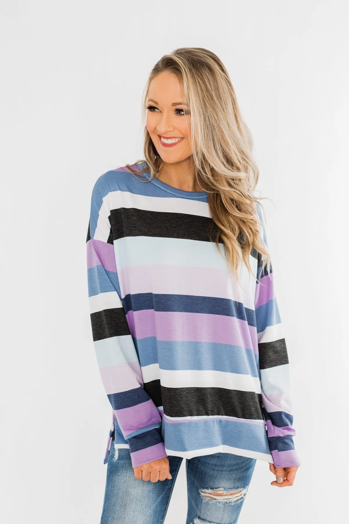 Frosted Mornings Striped Pullover Top- Blue & Purple