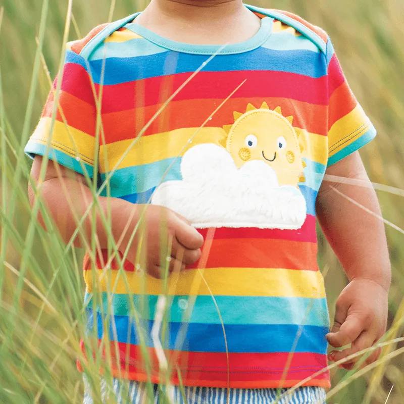 Frugi Bobster Sun Cloud Applique T-shirt - Rainbow Stripe