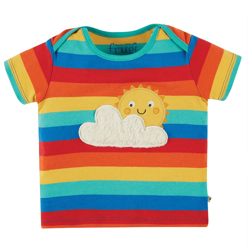 Frugi Bobster Sun Cloud Applique T-shirt - Rainbow Stripe