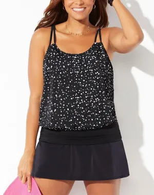 FULLFITALL - Black White Dot Loop Strap Blouson Tankini With A-Line Swim Skirt