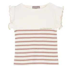 Girls Ecru "Rue des Rosiers" stripy Tee Shirt